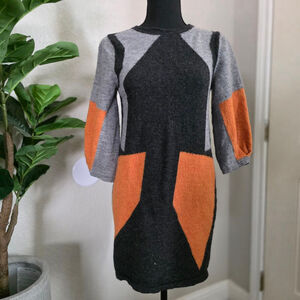 H&M Geometric Gray Dark Gray Orange Colorblock Wool Mini Sweater Dress Size 6